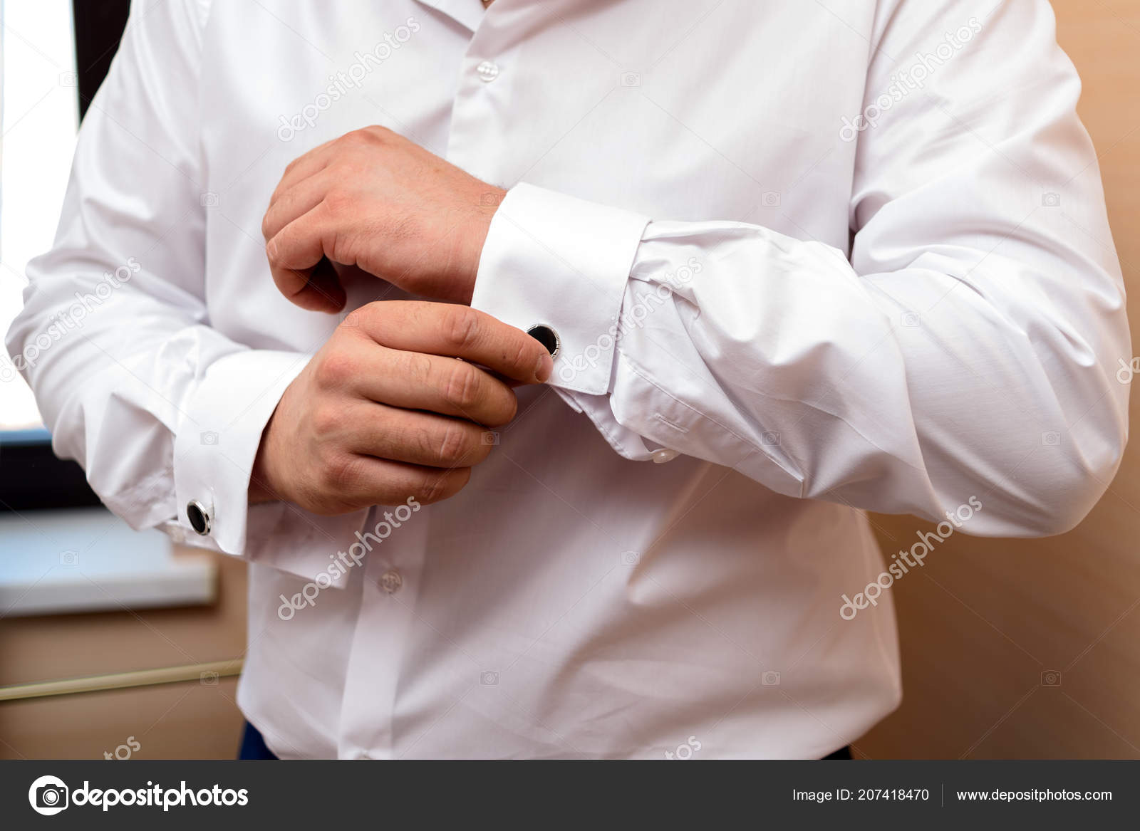 Man Buttons Cuff Link Cuffs Sleeves Luxury White Shirt Close Stock